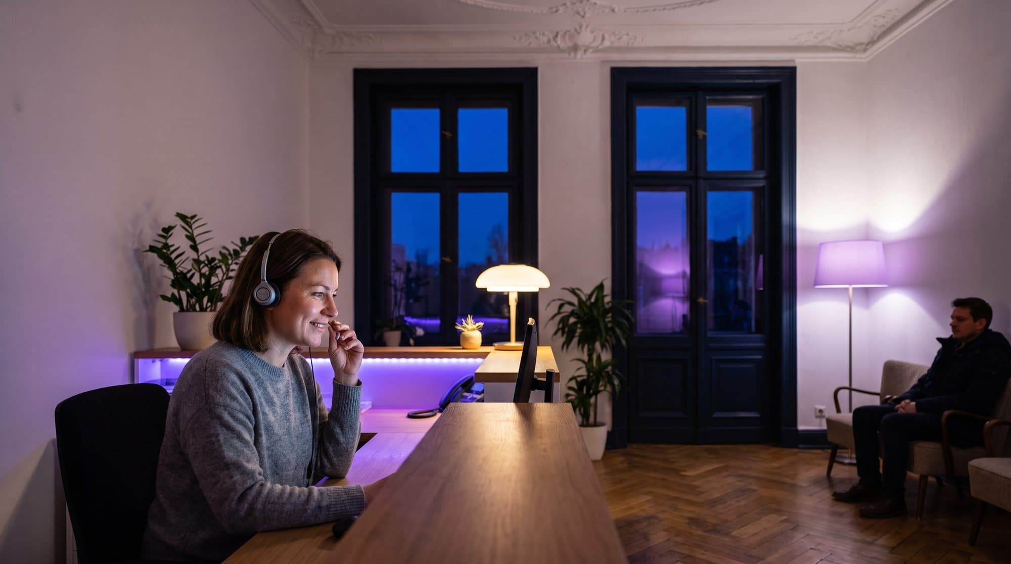 Riċeviżjonista b’headset fl-uffiċċju fil-ħin blu