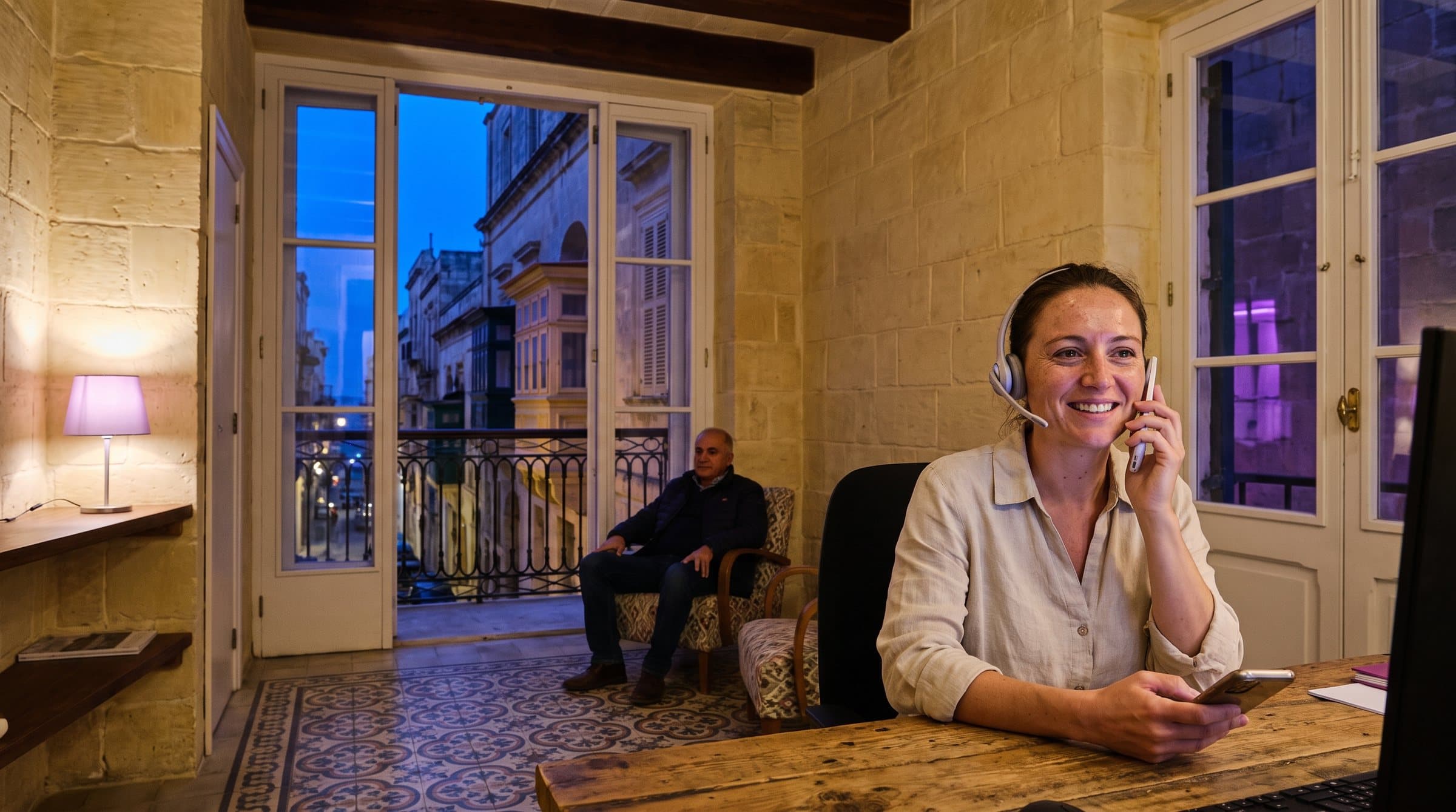 Riċeviżjonista b’headset fuq it-telefon fir-riċeviment ta’ klinika dentali f’dar tal-franka l-Belt Valletta, b’gallariji kkuluriti fit-triq