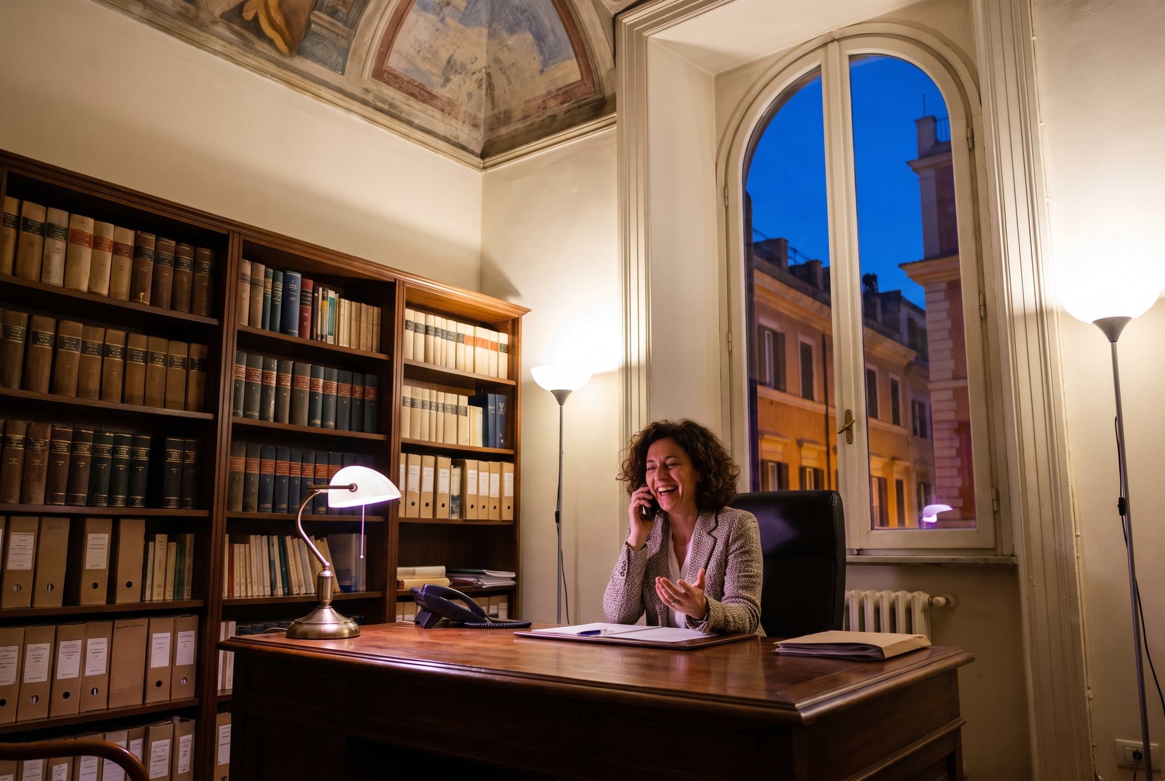 Avukata fuq it-telefon f’uffiċċju f’palazz storiku
