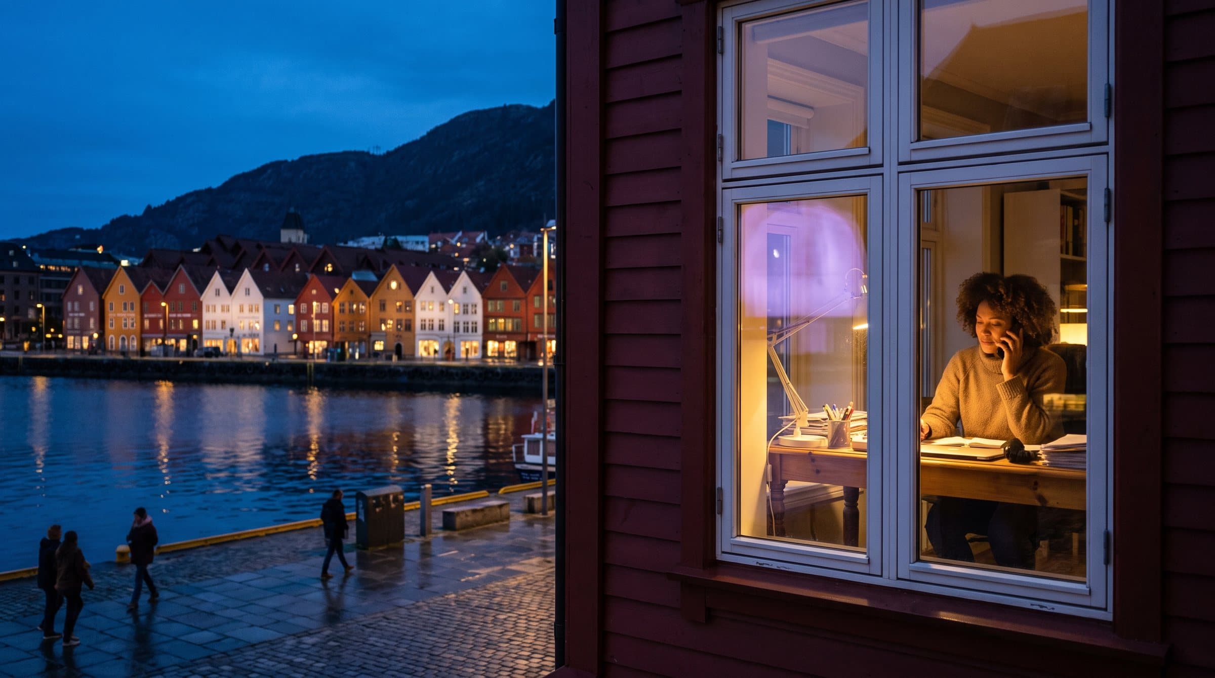 Bryggen i Bergen i blåtimen, de fargerike trehusene langs havna, en kvinne i telefonen bak et opplyst vindu