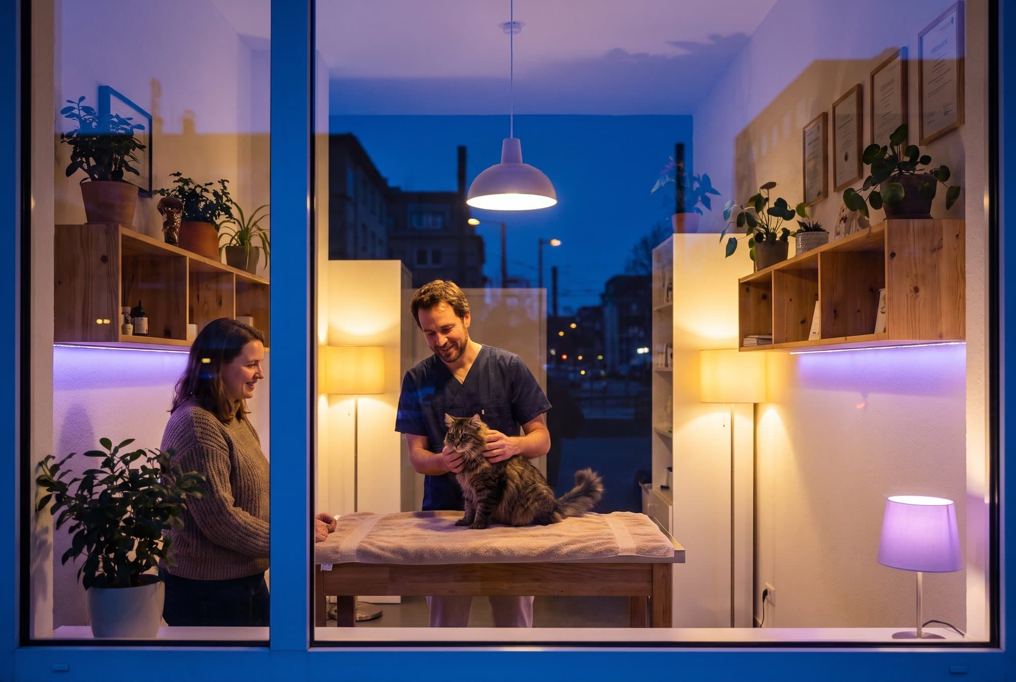 Veterinær undersøker en katt om natta på en dyreklinikk mens eieren står ved siden av