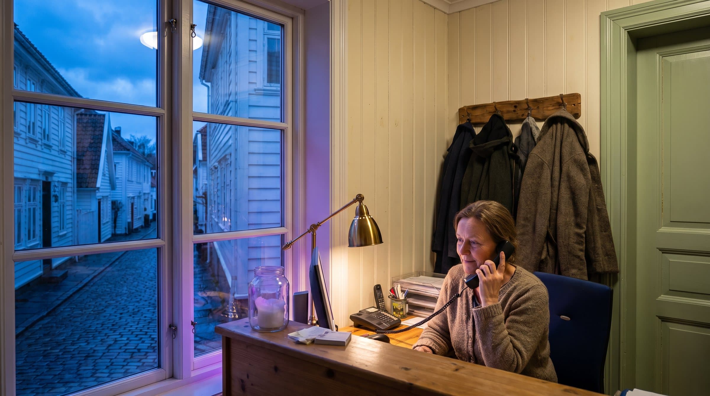 Legesekretær i telefonen ved skranken på et legekontor i et hvitt trehus i gamle Stavanger, tidlig om morgenen