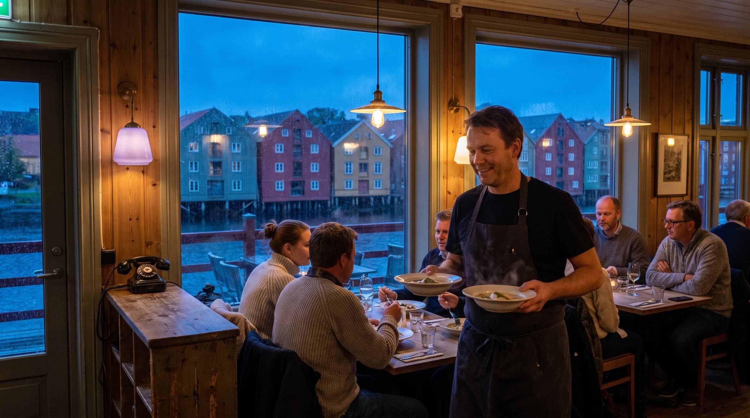 Servitør bærer ut fiskesuppe på en restaurant på Bakklandet i Trondheim, med de fargerike bryggehusene langs elva utenfor