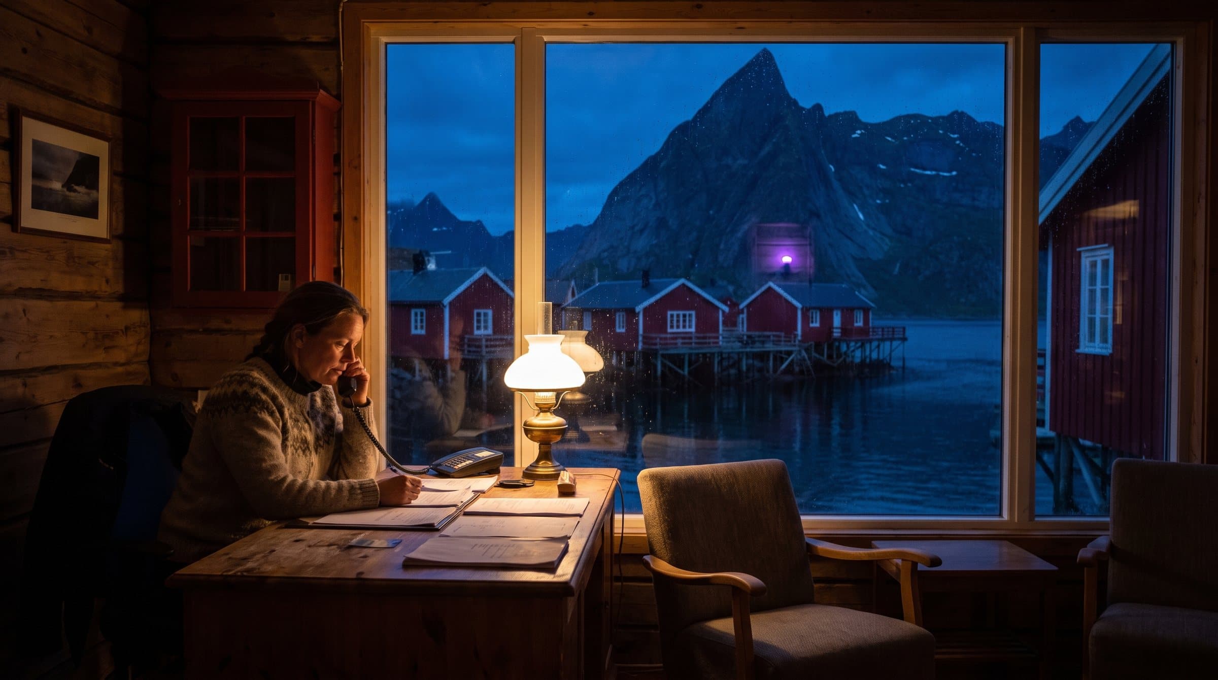 Nattresepsjonist i telefonen i en rød rorbu i Lofoten, med rorbuer på pæler og bratte fjell i den blå natta utenfor